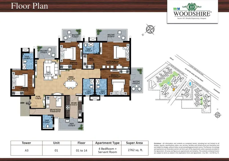 4 BHK + Servant – 2,762 sq.ft floor plan, M3M Woodshire