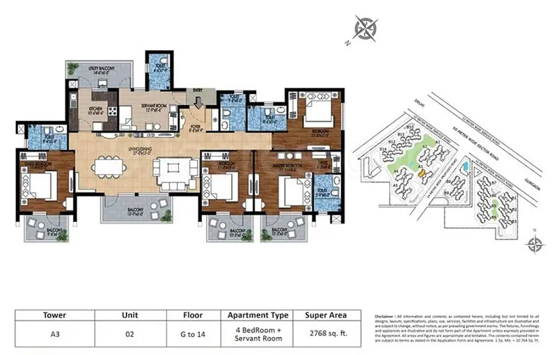 4 BHK + Servant – 2,768 sq.ft floor plan, M3M Woodshire