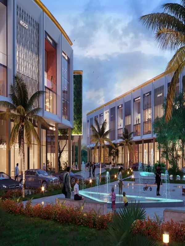 M3M Xpressway 114 – shopfronts and plaza fountain at dusk (artist's impression)
