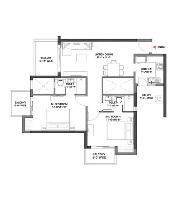 m3m flora 68 2 bhk 1270 floor plan