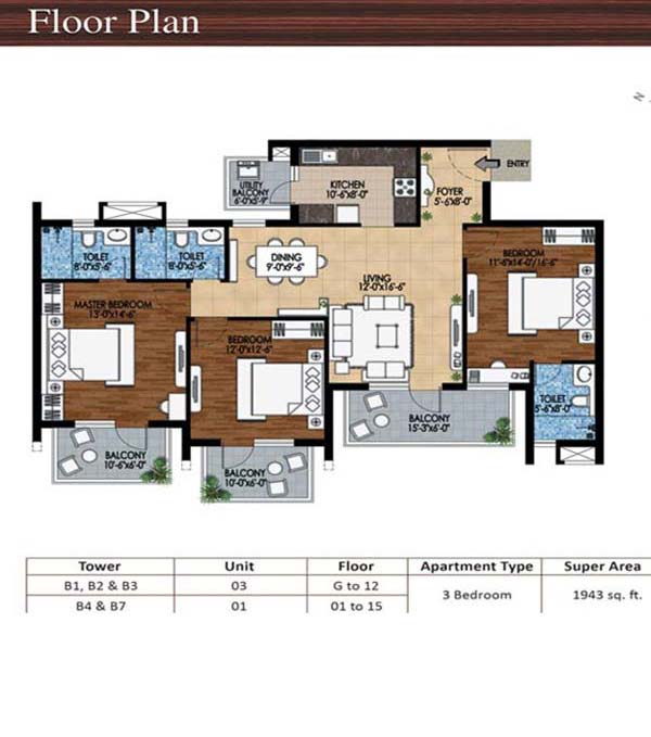 m3m woodshire 3 bhk 1943 floor plan